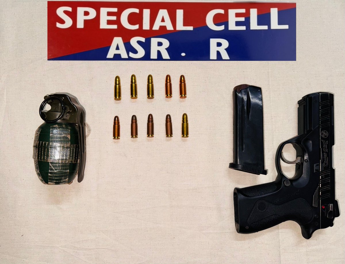 In an intelligence-led operation with central agencies, Amritsar Rural Police apprehends Malkeet Singh, resident of Pandori, #Amritsar and recovers One Hand Grenade, One .30 Bore Pistol (Px5), and 10 Live Rounds (.30 bore)

Preliminary investigation reveals his direct links with
