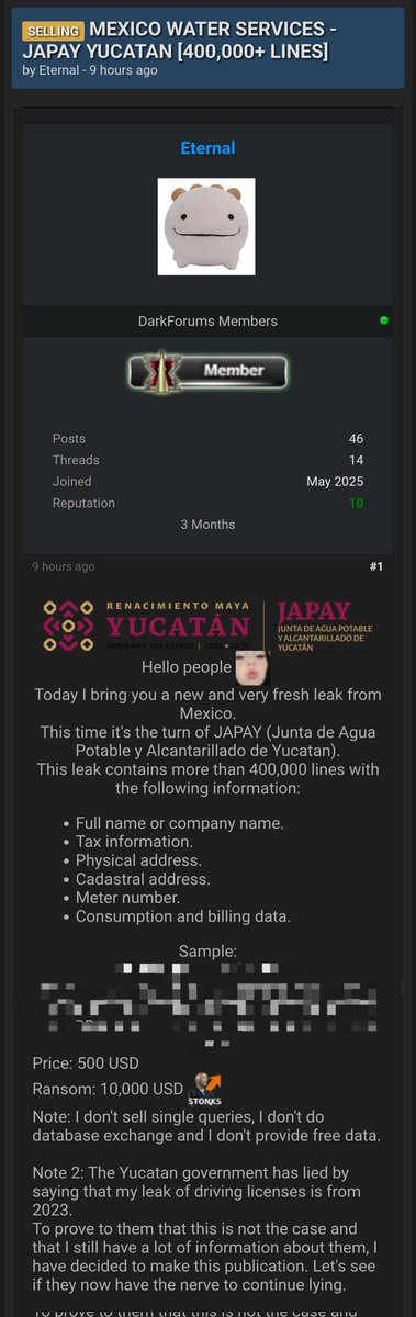 Ignacio Gómez Villaseñor (@ivillasenor) on Twitter photo ⛔️ | ACTUALIZACIÓN DEL HACKEO A YUCATÁN
Respecto al ataque a <a href="/JAPAYOficial/">Junta de Agua Potable y Alcantarillado de Yucatán</a>, Eternal —quien como prueba filtró los datos reales y actualizados a 2025 del gobernador de Yucatán, <a href="/huachodiazmena/">Joaquín Díaz Mena</a>— aseguró que el nuevo hackeo incluiría información de más de 400 mil ciudadanos. ⛔️ | ACTUALIZACIÓN DEL HACKEO A YUCATÁN
Respecto al ataque a <a href="/JAPAYOficial/">Junta de Agua Potable y Alcantarillado de Yucatán</a>, Eternal —quien como prueba filtró los datos reales y actualizados a 2025 del gobernador de Yucatán, <a href="/huachodiazmena/">Joaquín Díaz Mena</a>— aseguró que el nuevo hackeo incluiría información de más de 400 mil ciudadanos.