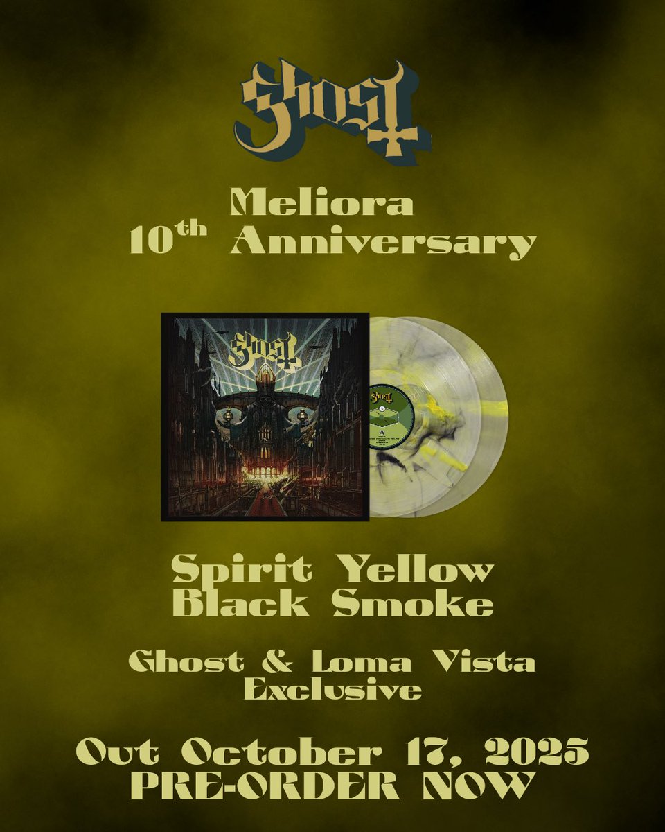 thebandGHOST's tweet photo. [MESSAGE FROM THE CLERGY]

We wish to inform you that the spirit of Meliora still burns bright. Join the celebration of its 10th anniversary with the special edition vinyl, out 10/17. Pre-order now at https://t.co/TzxkMOZ4m6 https://t.co/FwhXVCpNG2