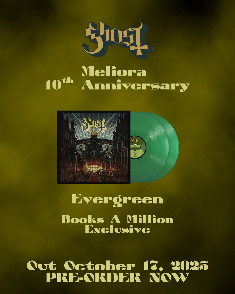 thebandGHOST's tweet photo. [MESSAGE FROM THE CLERGY]

We wish to inform you that the spirit of Meliora still burns bright. Join the celebration of its 10th anniversary with the special edition vinyl, out 10/17. Pre-order now at https://t.co/TzxkMOZ4m6 https://t.co/FwhXVCpNG2
