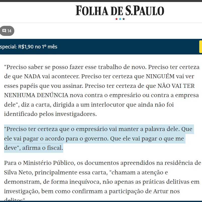 Em carta apreendida na sua casa, o responsável pela fiscalização na Secretaria de Fazenda do Tarcísio de Freitas escreveu: "Preciso ter certeza que o empresário vai manter a palavra dele. QUE VAI PAGAR O ACORDO PARA O GOVERNO. Que ele vai pagar o que me deve".

EU AVISEI!