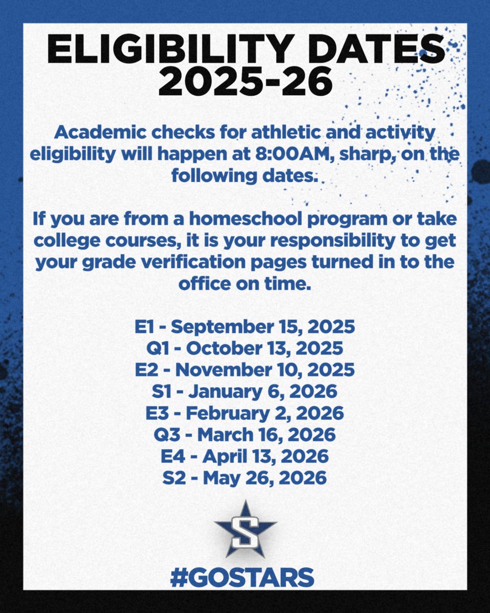 Make sure to add these eligibility check dates to your calendar now! If you need a grade verification sheet, check with the front office. #gostars