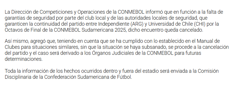 JuanFreixes's tweet photo. COMUNICADO DE CONMEBOL.

El partido fue cancelado por la "falta de garantías de seguridad por parte del club local y las autoridades locales".

#Sudamericana https://t.co/5LwJFMw6xT