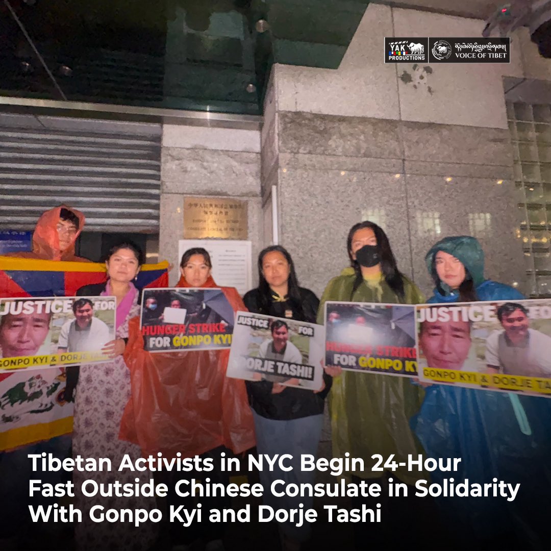 VOT_Tibetan's tweet photo. Activists from Students for a Free Tibet in New York City Begin 24-Hour Fast Outside Chinese Consulate in Solidarity with Gonpo Kyi and Dorje Tashi on August 20, 2025. https://t.co/5C3TUX3rsT