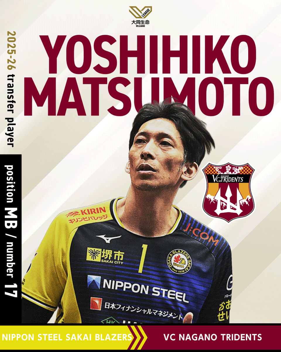 Transfer update 2025-26
移籍選手を紹介！

#松本慶彦 (MB)
VC長野 <a href="/vc_tridents/">VC長野トライデンツ</a>

#大同生命SVリーグ #SVリーグ