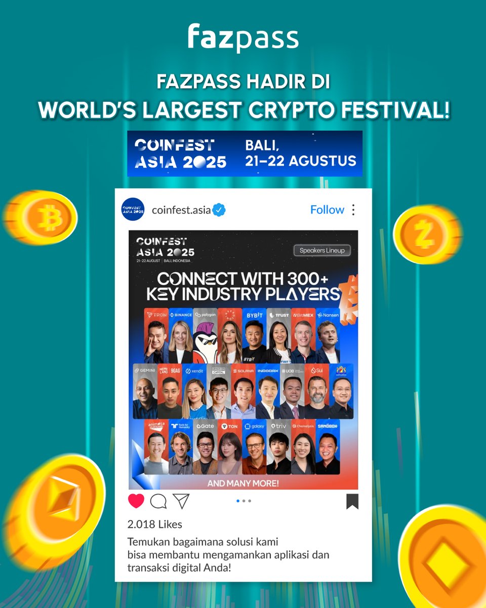 FazpassSecure's tweet photo. Fazpass Hadir di World’s Largest Crypto Festival!🌏

Temui kami langsung di acara ini &amp; temukan bagaimana solusi Fazpass dapat membantu mengamankan aplikasi dan transaksi digital Anda!🔒

#CoinFestAsia2025 #coinfest #Crypto #OTP #FraudPrevention #Tech #Fintech #Banking #ecommerce https://t.co/RlTYxPCLmF