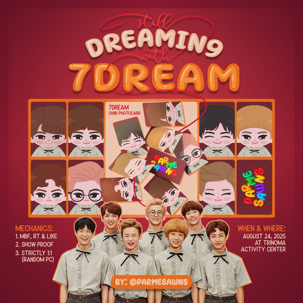 parmesawns's tweet photo. #StillDREAMIN9with7DREAM freebies 🫧⭐️

🍭 mechanics :
- mbf, rt &amp; like
- show proof of this post
- strictly 1:1 (random pc) 

where: trinoma activity center
when:  august 24, 2025

see you !! (๑˃̵ᴗ˂̵)و ⭐️ https://t.co/KDSzOkG5VF