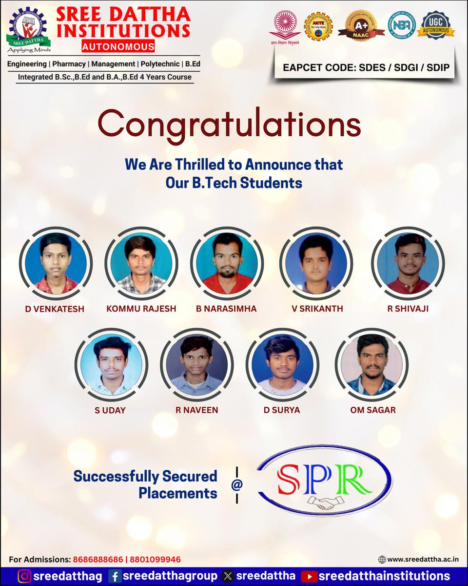 SreedatthaG's tweet photo. ✨ Congratulations! ✨
We are proud to announce that our talented https://t.co/jocRm6EQ57 students have successfully secured placements at SPR. 🎉
#SDES #SDGI #SreeDatthaInstitutions #CampusPlacements #PlacementSuccess #CareerBegins #FutureLeaders #StudentSuccess #SPR https://t.co/slsx7eP4MD