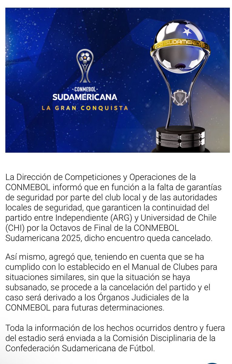 [COMUNICADO] 🚨 Conmebol se expedirá en las próximas horas debido a lo sucedido en el estadio de #Independiente 

Además, dictaminó la cancelación del encuentro.