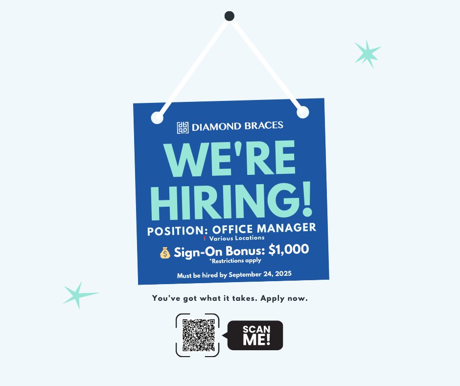 Office Manager positions now open across various Diamond Braces locations.⁠
Get a $1,000 sign-on bonus when hired by September 24th.⁠ Click the link to apply. 📲 shorturl.at/m2xoZ