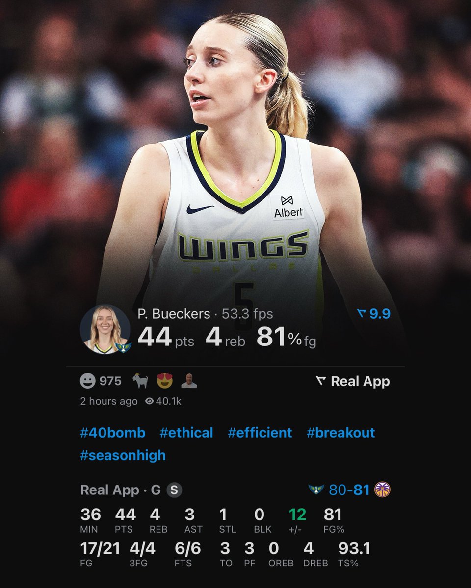 Paige Bueckers becomes the first player in WNBA history to have 40+ PTS on 80%+ FG.