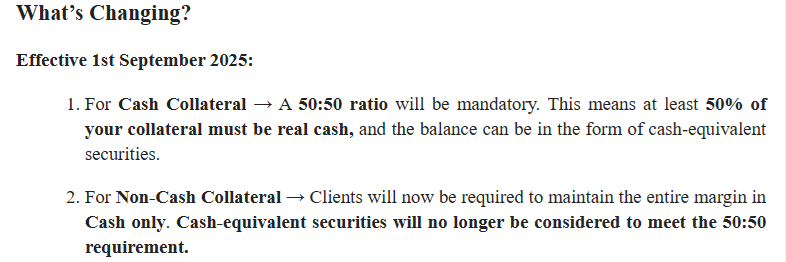 JayneshKasliwal's tweet photo. Hey @Flattradein 
1. Asking Traders to keep 50% Cash in the cash component is totally unfair 
2. to settle the mtm you can keep the ratio to 10% which is more than enough

3.  Isn’t it quite risky to mandate such a high cash component? Keeping fifty percent of collateral in pure cash feels unfair to traders
4. Not only does it expose them to opportunity cost, but it also means a direct loss of potential returns since idle cash isn’t earning any interest. 

Wouldn’t a more flexible structure, with greater allowance for cash-equivalent securities, balance risk management with fairness to traders?
