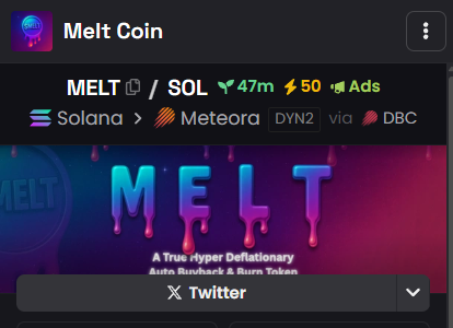 MeltCoinSol's tweet photo. Dexscreener Ads and Boost are up!

CA: 12KfACcYLAnmvqG3Ce6T357JpZv5rPv7YsK54jFwfrge

Time to $MELT faces on $SOL.

A true, hyper deflationary auto buyback &amp; burn token on #Solana. Starting with only 100 coins in circulation that consistently be reduced through the 4% tax. https://t.co/8x9mXde462