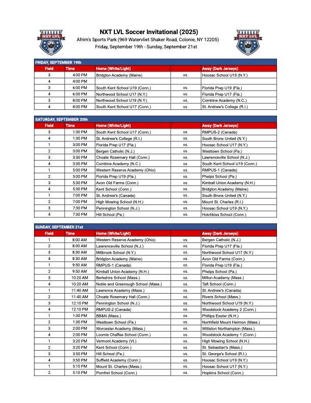 This year's NXT LVL Soccer Showcase takes place Sept. 19-21 at Afrim's near Albany, N.Y., and features 50 of the nation's best prep school programs. Here's the schedule:
