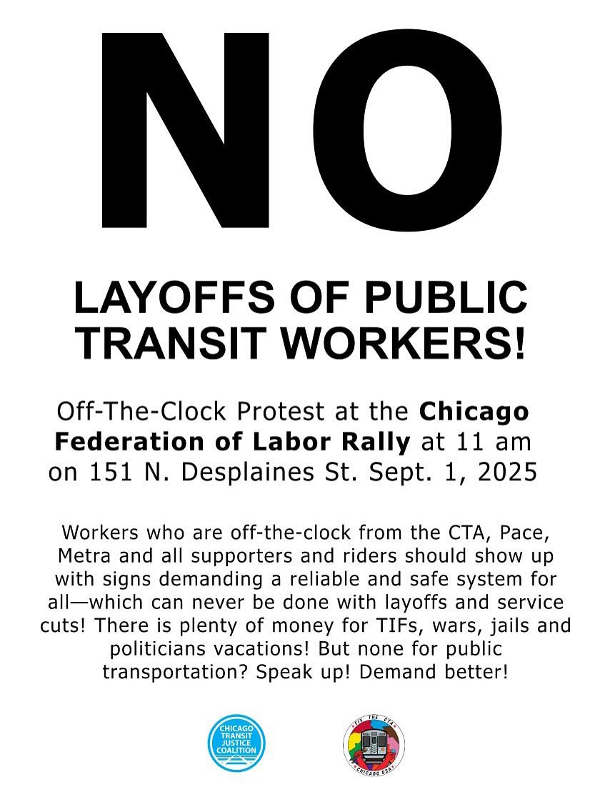JusticeTransit's tweet photo. Riders and CTA/Pace/Metra workers please show up and tell the city you will not accept layoff/service cuts! https://t.co/p10cl1h3Qa