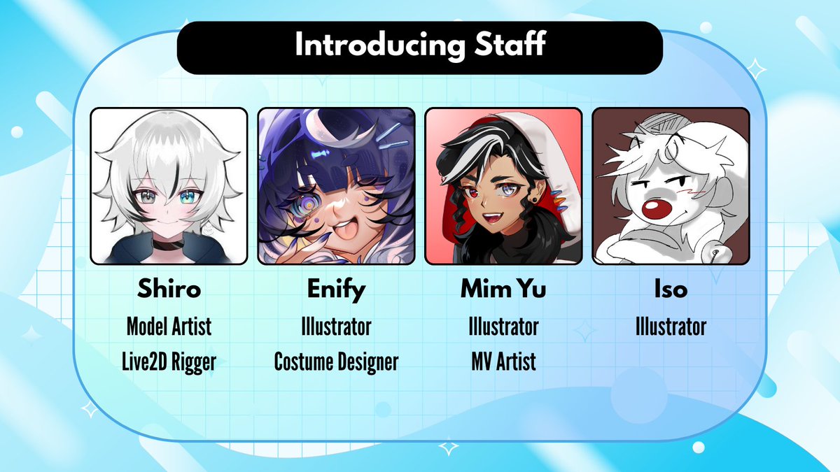 AriseVT Official 🗨 VTuber Group (@arisevtube) on Twitter photo 🔷STAFF INTRODUCTION🔷
This week we are announcing staff who are part of our group! Each day through Saturday we will have a short highlight! Welcoming a wide range of artists!
🔷 <a href="/ShiroColossus/">Shiro Live2D Rigger EN/ES🎨</a>
🔷 <a href="/enifoh/">Enify エニ ✨</a>
🔷 <a href="/ma_medha/">Mim_Yu👁️⬛👁️ Artist(COMMISSION CLOSED)</a>
🔷 <a href="/miisoiso/">ISO!! 🤡 CLOWN VTUBER</a> 🔷STAFF INTRODUCTION🔷
This week we are announcing staff who are part of our group! Each day through Saturday we will have a short highlight! Welcoming a wide range of artists!
🔷 <a href="/ShiroColossus/">Shiro Live2D Rigger EN/ES🎨</a>
🔷 <a href="/enifoh/">Enify エニ ✨</a>
🔷 <a href="/ma_medha/">Mim_Yu👁️⬛👁️ Artist(COMMISSION CLOSED)</a>
🔷 <a href="/miisoiso/">ISO!! 🤡 CLOWN VTUBER</a>