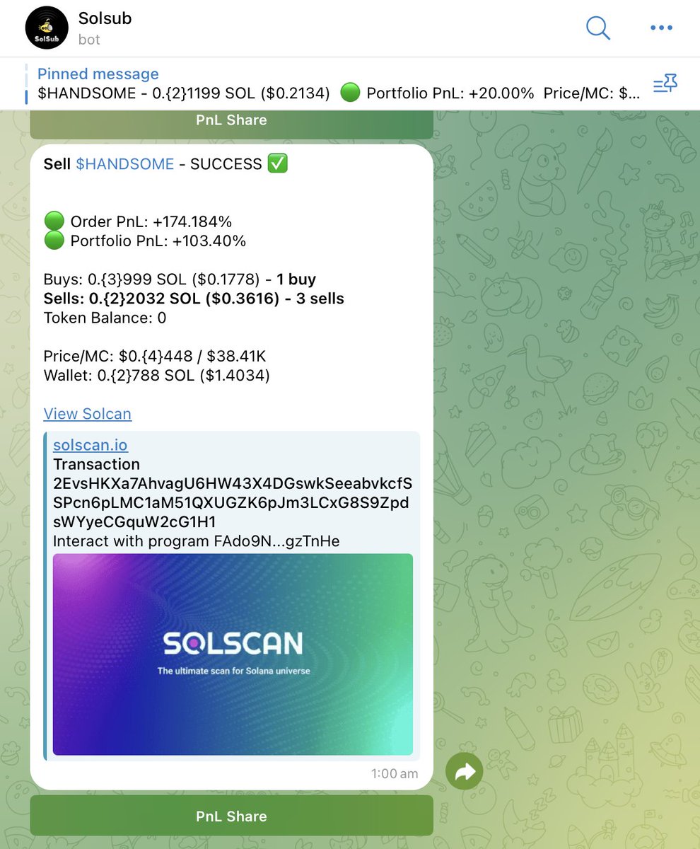 💸 +174% on $HANDSOME.

One buy, three sells, bag emptied clean.
That’s SolSub precision → scan, snipe, exit.
All inside Telegram.

📡 Less noise, more PnL.