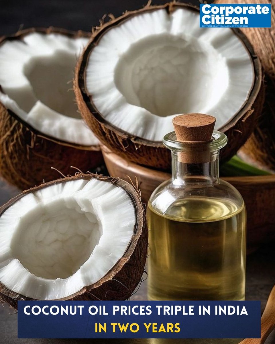 Coconut oil prices have trippled in India in 2 years, hitting record highs amid supply shortages &amp; global demand surge. From kitchens to cosmetics, consumers feel the pinch. Relief unlikely before 2027. #CoconutOil #Commodities #FoodPrices #AgriCommodities #GlobalTrade