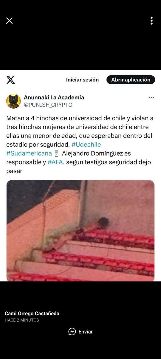 La policía estuvo coludidos, están los videos donde bo presta ayuda a los hinchas chilenos. Que rabia e impotencia. Esto es inhumano, salvajismo del mas bajo! Que tanta mierda pueden tener en la cabeza en Argentina? Son unos simios! #UDeChile #Independiente