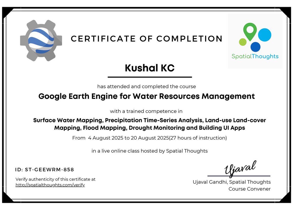 kessikushal's tweet image. Happy to complete the Google Earth Engine for Water Resources Management course by Spatial Thoughts.
Big thanks to @spatialthoughts(Ujaval Gandhi)and @vigna_purohit for their excellent guidance 🙏.
#GoogleEarthEngine #WaterResources #GIS #RemoteSensing #SpatialThoughts