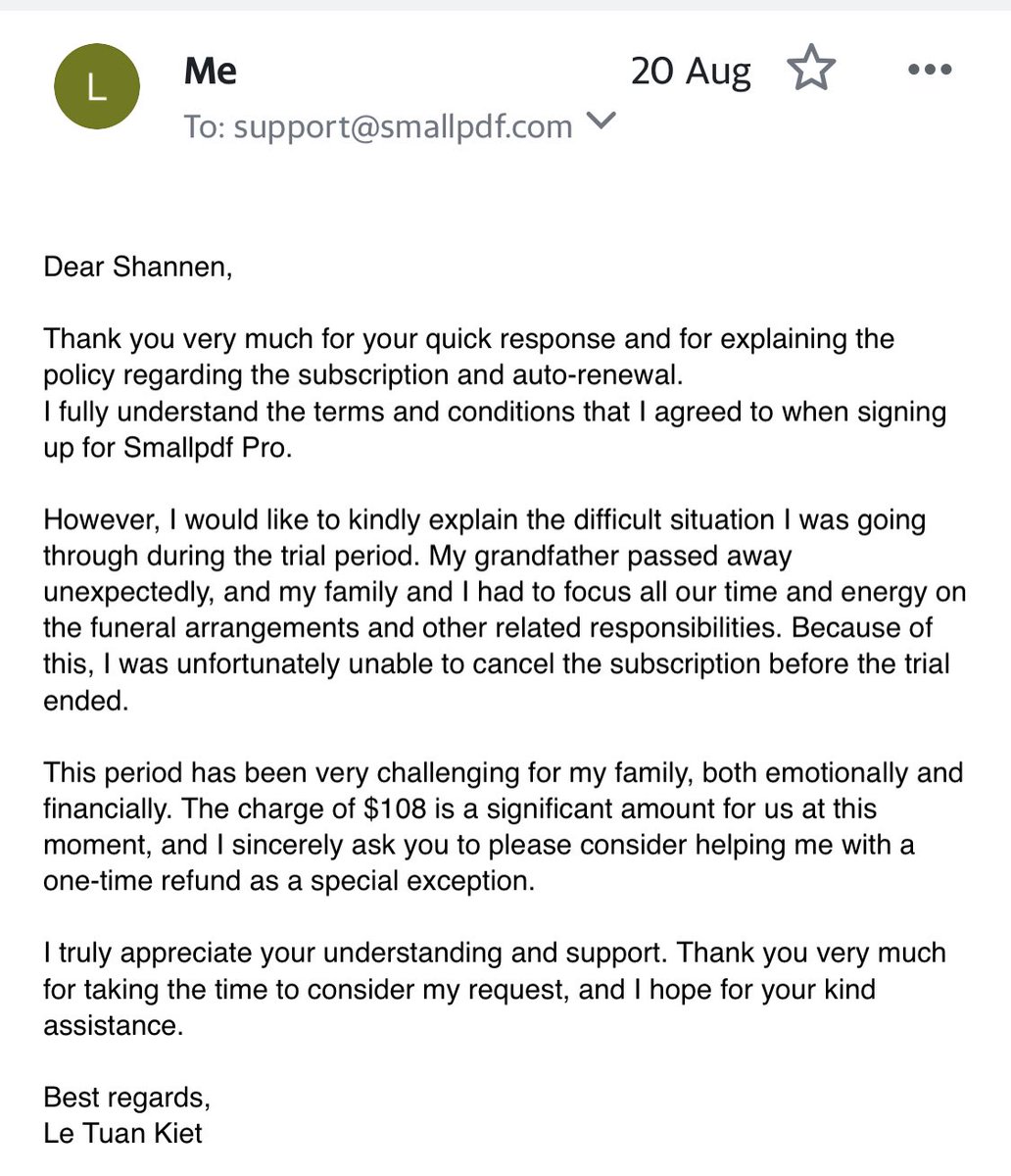 LeKiet28971's tweet image. Hoping someone can share my smallpdf account that I was unable to cancel in time.
I hate this auto-renewal without an email warning or something.
They won't give refund even though I explained my situation, I hate my life so much.
#smallpdf