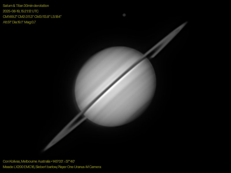 Saturn captured in infrared 2025-08-19 UTC.