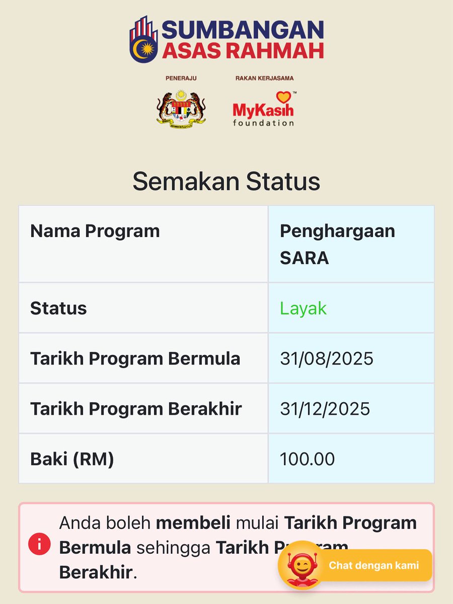 Salam semua,

Boleh semak status kelayakan SARA untuk semua - penghargaan Kerajaan MADANI untuk rakyat Malaysia sempena Hari Kebangsaan.

👇🏼

sara.gov.my