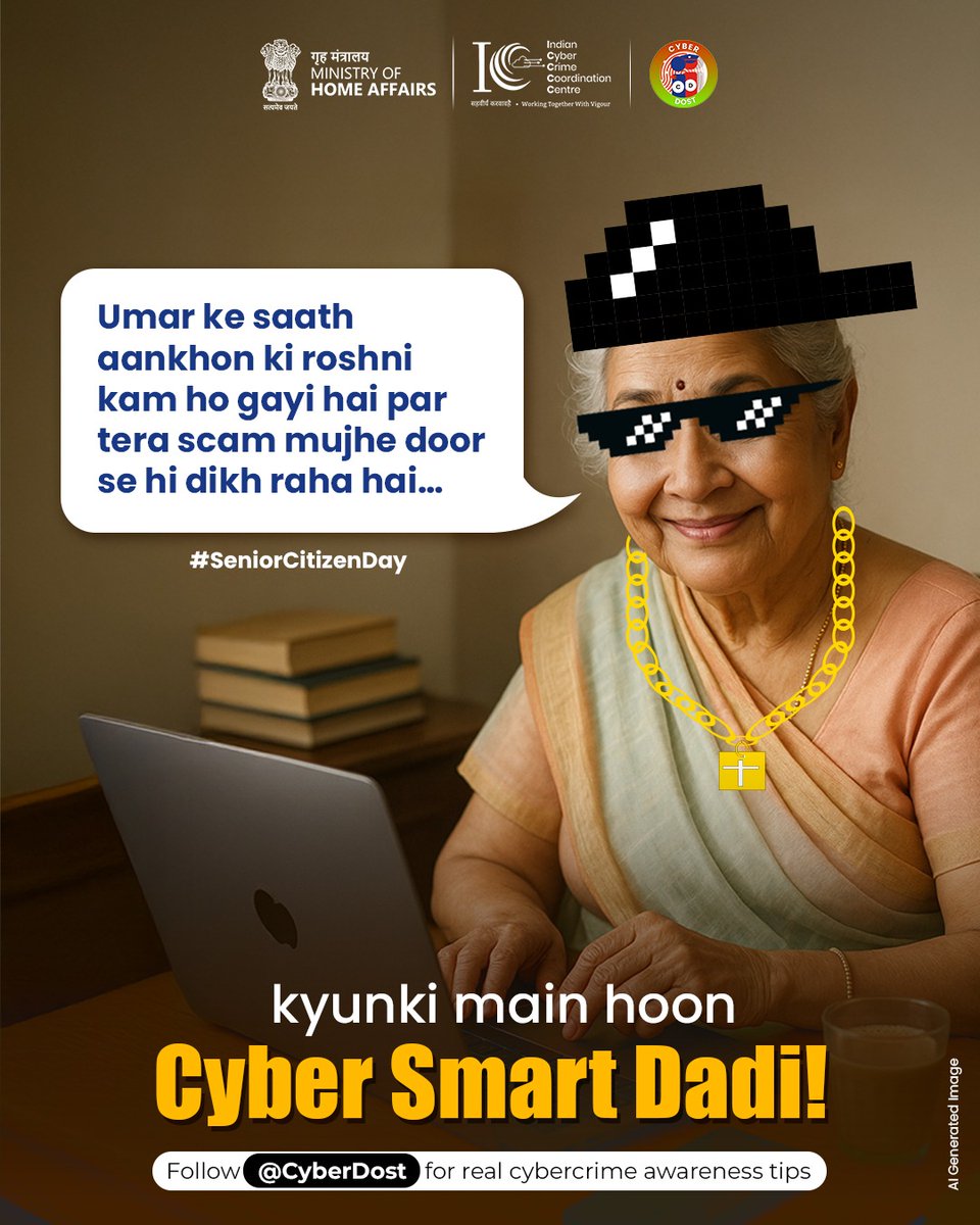 Cyberdost's tweet image. Senior Citizen bhi banege Cyber Smart!
Remember:
✅ Don’t share OTP or bank details on calls
✅ Verify before trusting any link
Follow @Cyberdost for cyber tips
In case of fraud, call 1930 immediately or visit cybercrime.gov.in
#I4C #MHA #CyberDost