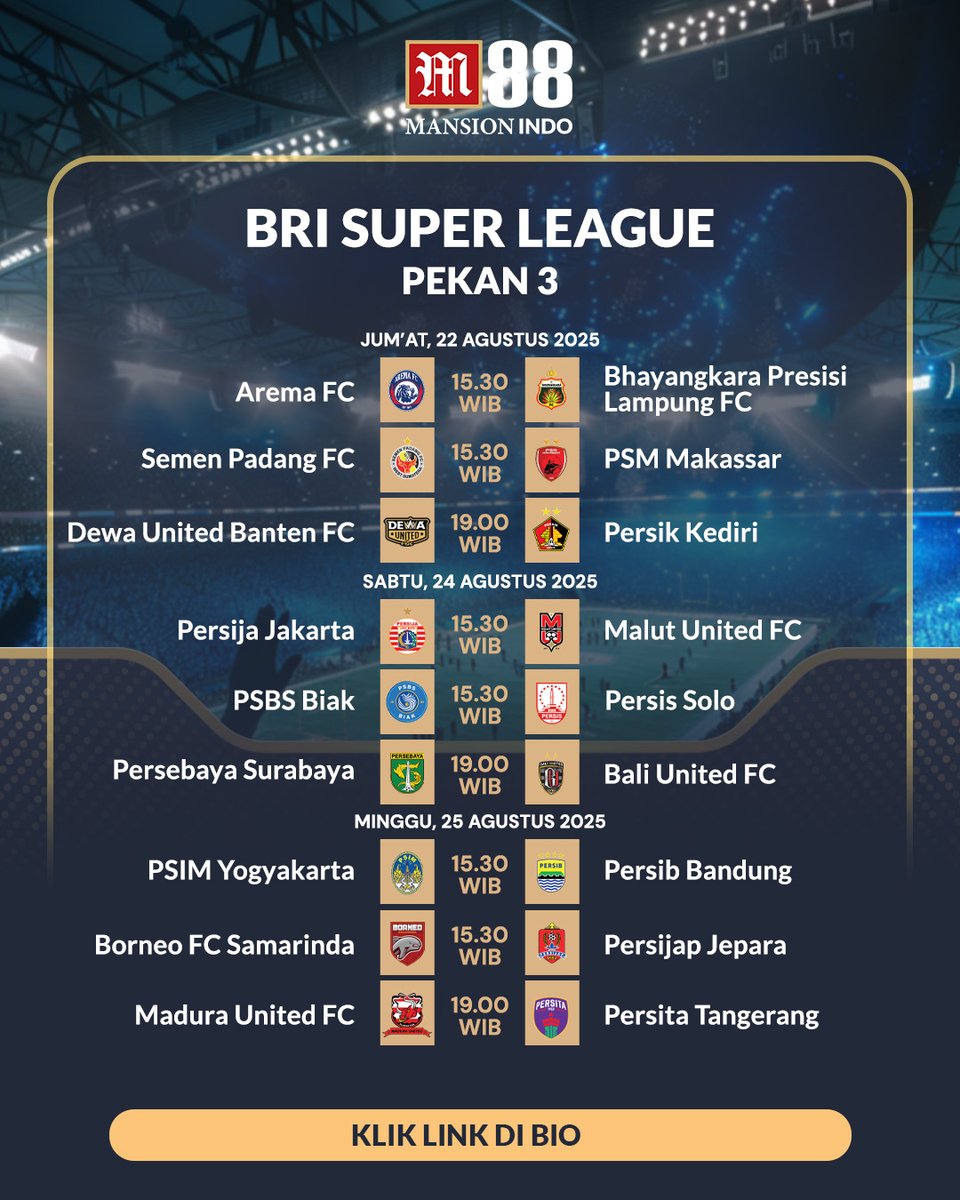 m88_id's tweet photo. ⚽ JADWAL PEKAN INI! ⚽

🏆 Premier League – MD 02
📅 23 – 26 Agustus
🇪🇸 LaLiga – MD 02
📅 23 – 26 Agustus
🇮🇹 Serie A – MD 01
📅 23 – 26 Agustus
🇮🇩 Liga 1 – MD 03
📅 22 – 24 Agustus

#PremierLeague #LaLiga #SerieA #Liga1 #Matchday #SepakBola #BigMatch https://t.co/JorX8vkP1X