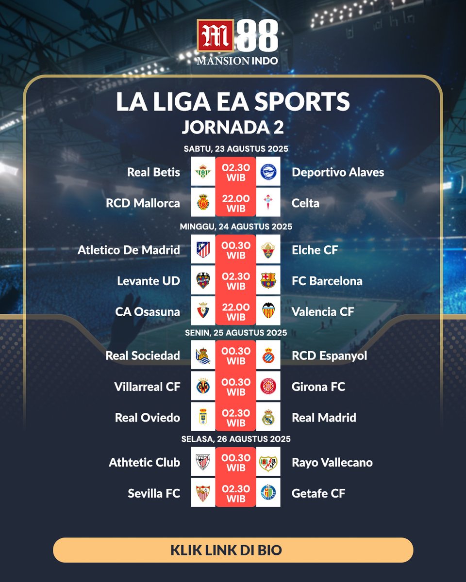 m88_id's tweet photo. ⚽ JADWAL PEKAN INI! ⚽

🏆 Premier League – MD 02
📅 23 – 26 Agustus
🇪🇸 LaLiga – MD 02
📅 23 – 26 Agustus
🇮🇹 Serie A – MD 01
📅 23 – 26 Agustus
🇮🇩 Liga 1 – MD 03
📅 22 – 24 Agustus

#PremierLeague #LaLiga #SerieA #Liga1 #Matchday #SepakBola #BigMatch https://t.co/JorX8vkP1X