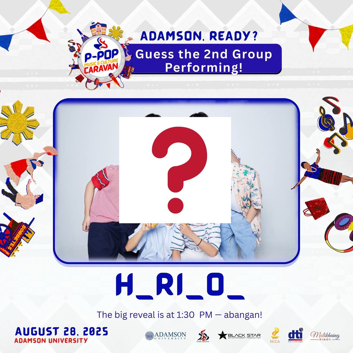 Adamson University Cultural Affairs Office just teased the 2nd performing group as part of the PPOP CARAVAN. 

 I wonder who?👀

Who: #HORI7ON