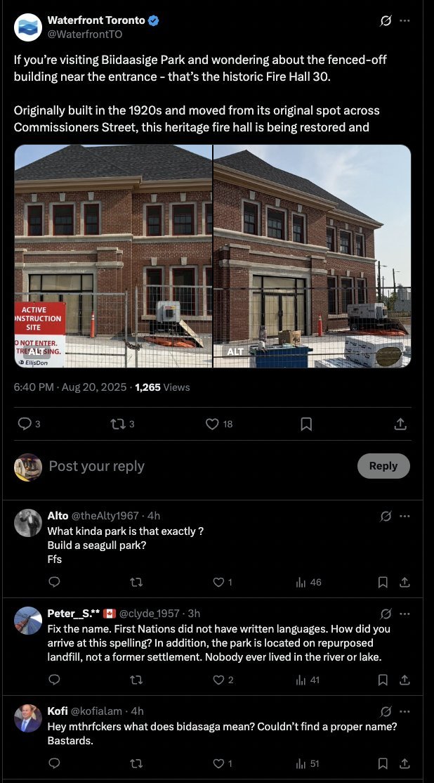 These people live in Toronto (Mohawk),  Ontario (Iroquonian), Canada (Iroquoian)! That damn woke Jacques Cartier.