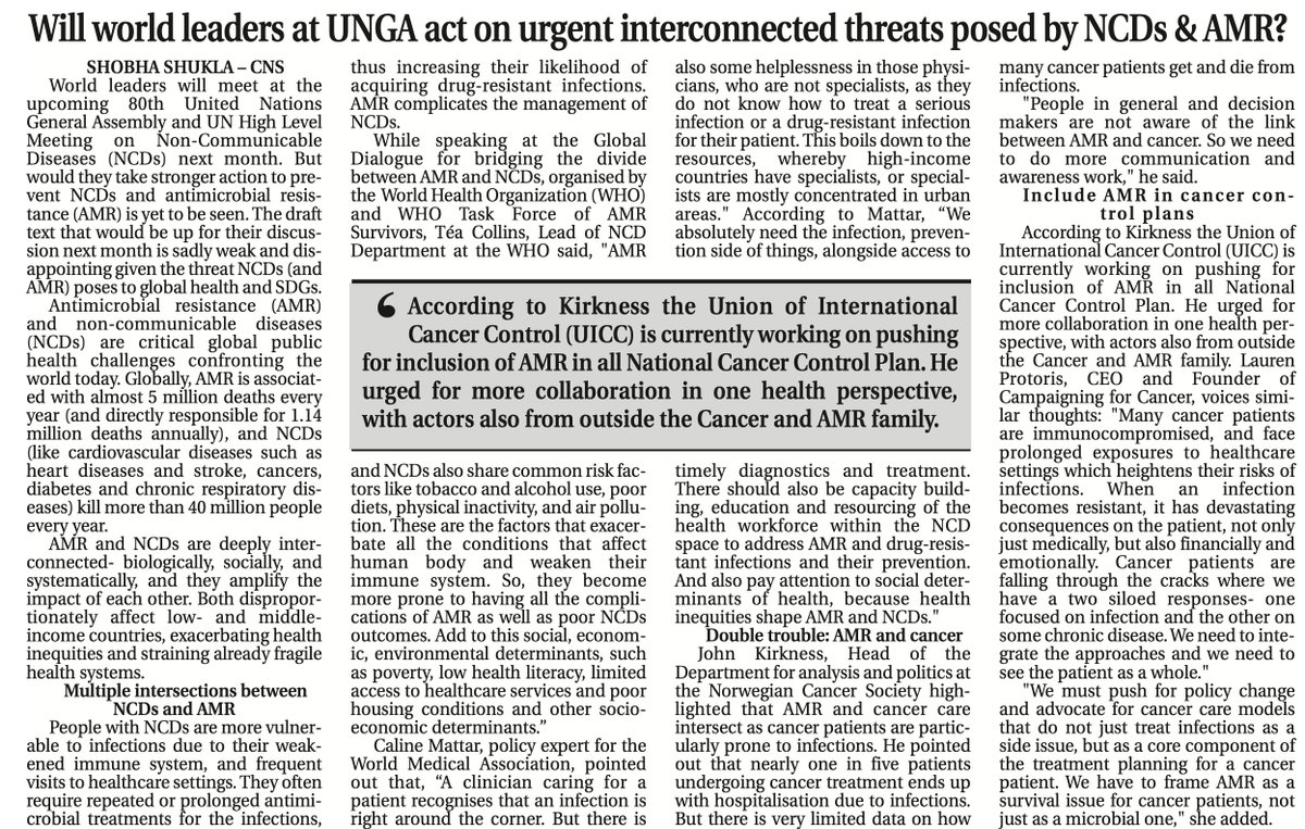 globalamrmedia's tweet photo. #PublishedToday 🌐 Know from @WHO experts &amp; AMR &amp; NCD survivors why world leaders at #UNGA &amp; UNHLM on #NCDs must 👉act on urgent interconnected threat👈 posed by #AntimicrobialResistance &amp; NCDs

🌐Central Chronicle
https://t.co/jsEmvPOHbH

🌐CNS
https://t.co/58uxTEPDlp

#UNGA2025 https://t.co/lqKEELwvIc