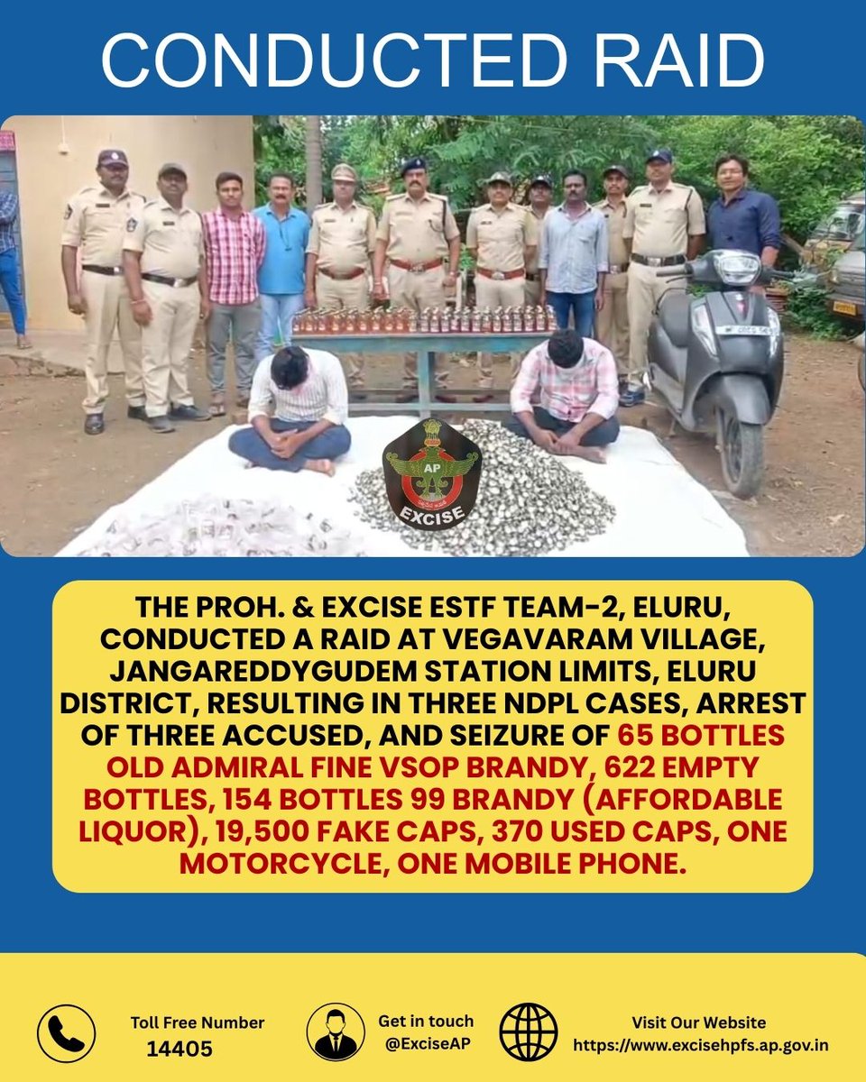 🚨 Excise Enforcement Update | Eluru 🚨
The Proh. &amp; Excise ESTF Team-2, Eluru conducted a raid at Vegavaram Village, Jangareddygudem limits, leading to:

⚖️ Strict action continues against illegal liquor trade to protect public health &amp; safety.

#ExciseEnforcement #Eluru #NDPL