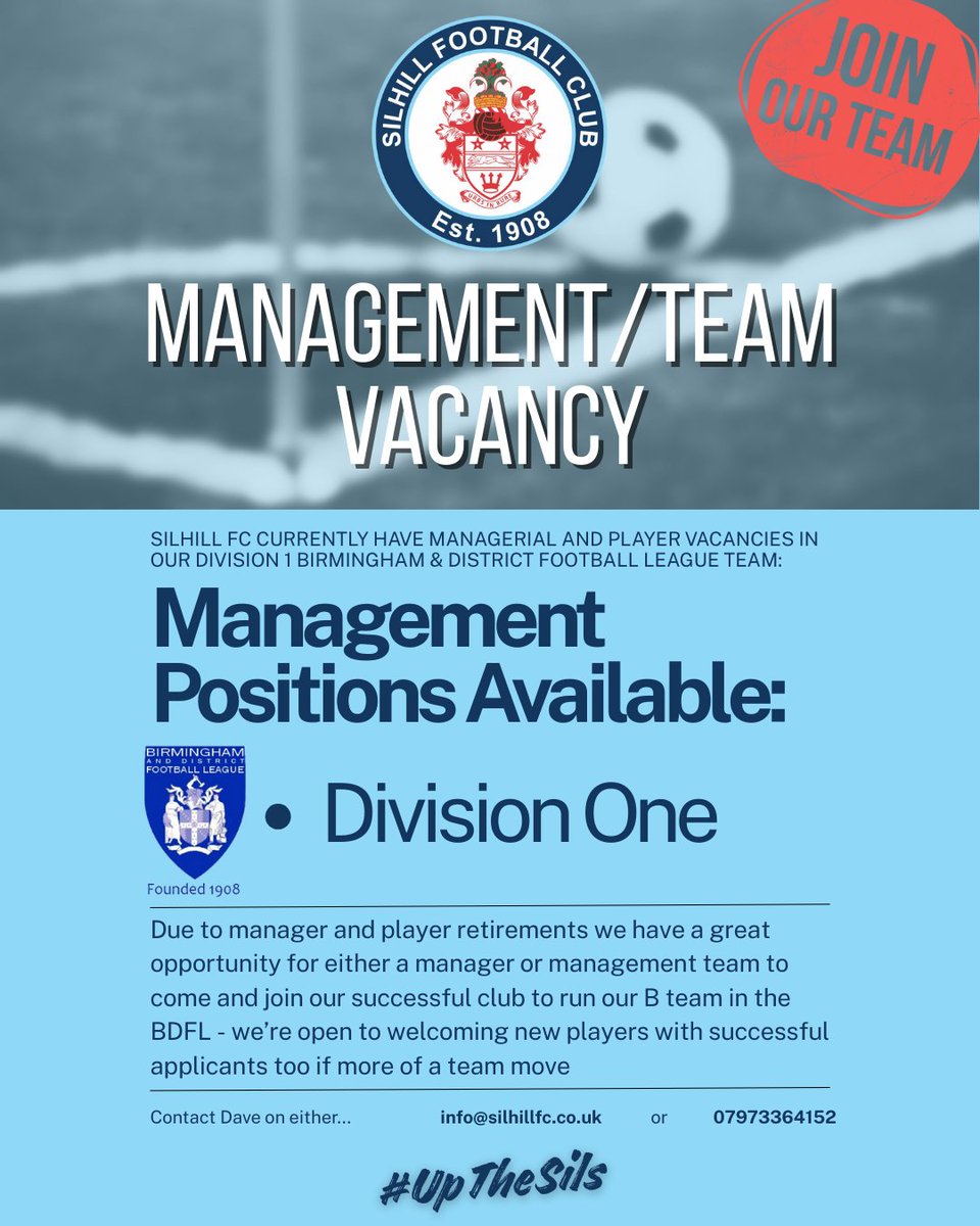 ** Managerial/Team Vacancy **

After manager and player retirements we're looking to fill both managerial and player vacancies in our Birmingham &amp; District Football League Division 1 side for this coming season