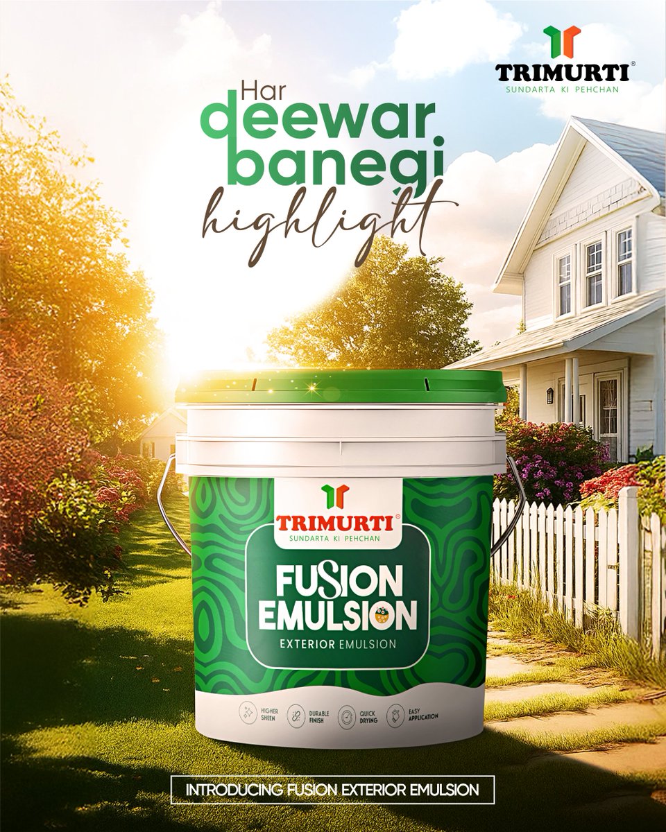 Trimurtiproduc's tweet image. Introducing Trimurti Fusion Exterior Emulsion – higher sheen, durable finish, quick drying &amp;amp; easy application. Perfect protection with a flawless look.
#Trimurti #FusionEmulsion #ExteriorEmulsion #WallFinish #StrongWalls #BeautifulHomes #SmartChoice #DurableFinish #WallProtection