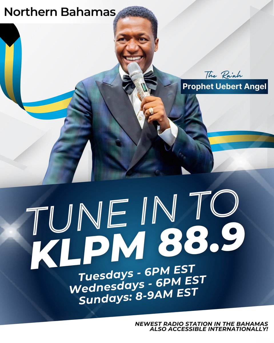 THE GOODNEWS IS AIRING IN THE BAHAMAS! 🇧🇸
The life-changing messages of our Man of God, The Ra’ah, Prophet Uebert Angel, are now reaching the airwaves of KLPM 88.9 FM!

🕕 Broadcast Times:
Tuesdays – 6PM EST
Wednesdays – 6PM EST
Sundays – 8AM to 9AM EST

#Bahamas #RadioStation