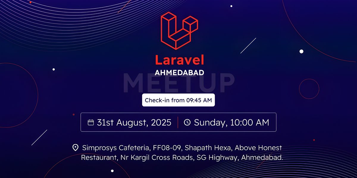 LaravelAhm's tweet image. Laravel Ahmedabad August Meetup is here!

📅 31st Aug 2025  at 10 AM 
📍 Simprosys Cafeteria, Shapath Hexa

A Sunday morning to connect, learn &amp;amp; grow with the Laravel community. 💡

🎟️ Book your spot 👉 h-9.cc/laravel-ahmeda…

@laravelphp  @LaraconIN  #LaravelAhmedabad