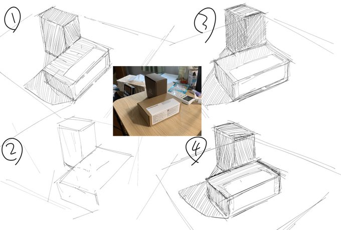 今日のクロッキー 視界と書いたものと写真で違い過ぎて①で頭おかしくなりそうだったけど④でなんとかつかめそうになってきた