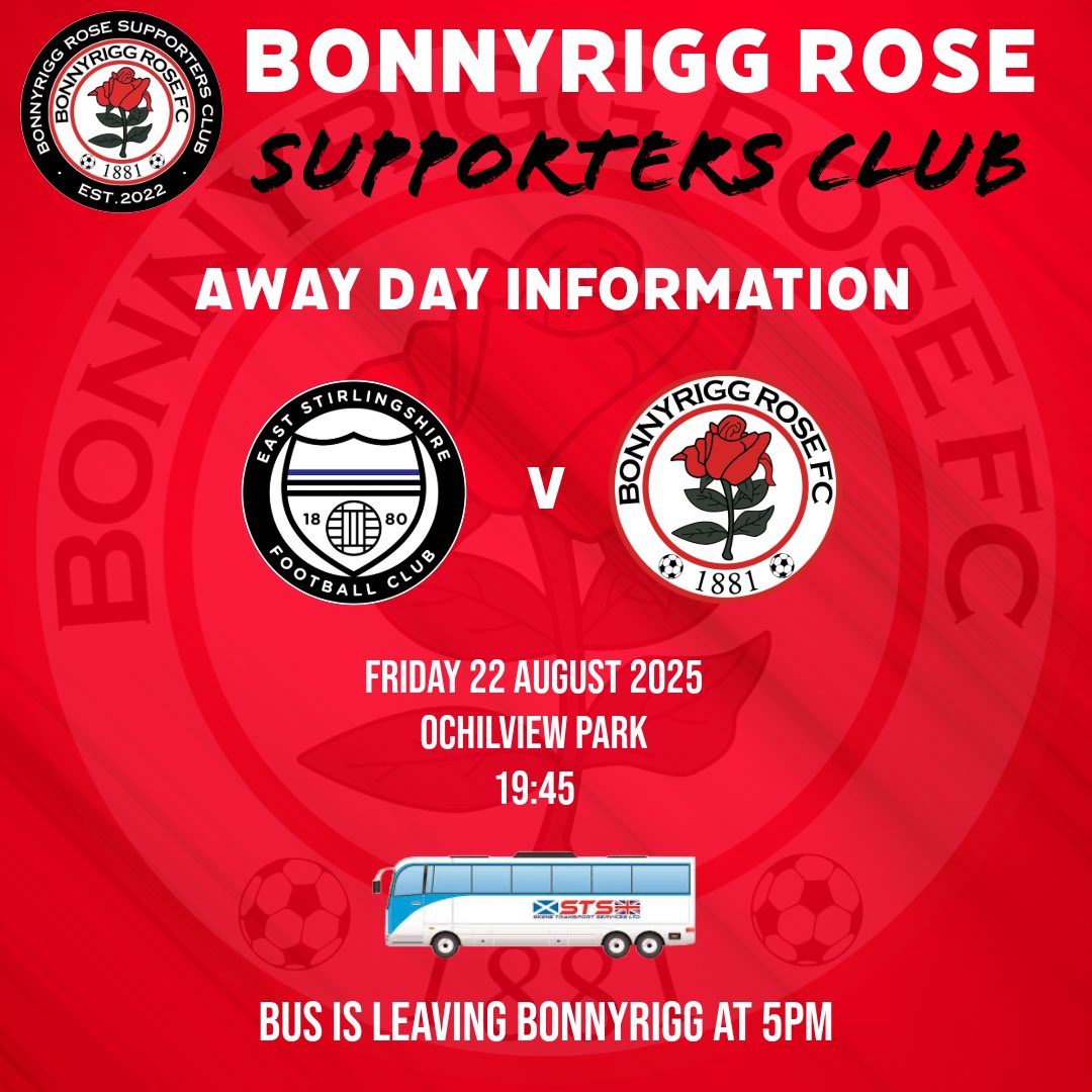 Bonnyrigg Rose Supporters club (@bonnyriggrosesc) on Twitter photo We have seats available on the bus for Friday nightโs match away to East Stirlingshire
Bus leaves Bonnyrigg at 5pm
Please get in contact if you would like a seat ๐บ
Members ยฃ13
Non-members ยฃ15
Kids ยฃ5
Cโmon The Rose ๐น
๐น๐ฆ๐น
<a href="/BonnyriggRose/">Bonnyrigg Rose</a> We have seats available on the bus for Friday nightโs match away to East Stirlingshire
Bus leaves Bonnyrigg at 5pm
Please get in contact if you would like a seat ๐บ
Members ยฃ13
Non-members ยฃ15
Kids ยฃ5
Cโmon The Rose ๐น
๐น๐ฆ๐น
<a href="/BonnyriggRose/">Bonnyrigg Rose</a>