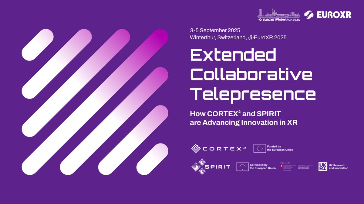 Just a few days to go for <a href="/Euro_XR/">EuroXR</a>!

On 3-5 September, SPIRIT and <a href="/CORTEX2EU/">CORTEX2</a> will join forces for the session: “Extended Collaborative Telepresence - How CORTEX² and SPIRIT are Advancing Innovation in XR”

To the program: static1.squarespace.com/static/653bc46…

Register: euroxr.org/conference-202…