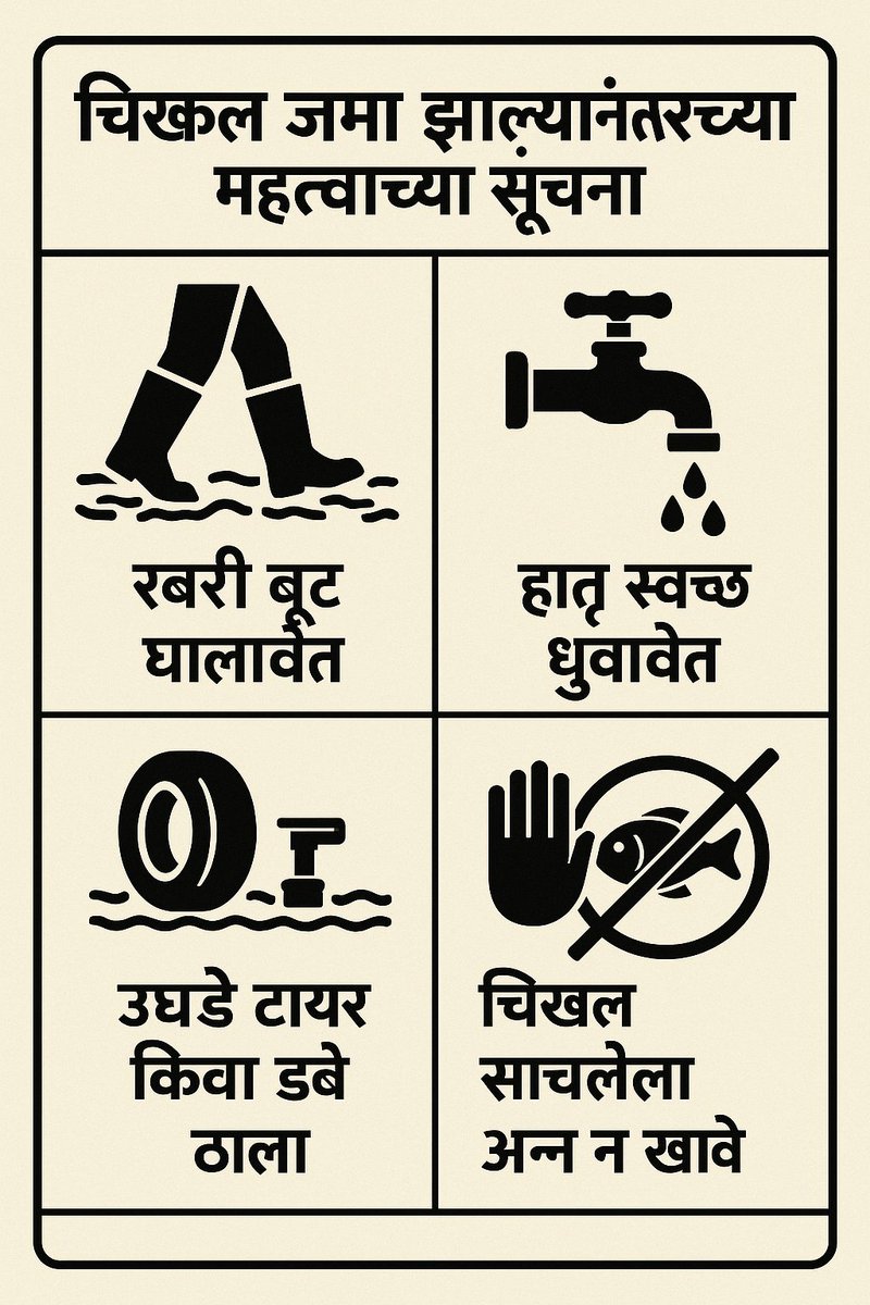 Kiran_Bhoir1979's tweet photo. 🌧️⚠️
भरपूर पावसानंतर चिखल जमा झालेला आहे.
नागरिकांनी खबरदारी घ्यावी:
✅ रबरी बूट वापरा
✅ हात स्वच्छ धुवा
✅ उघडे टायर/डबे टाळा
✅ चिखल लागलेले अन्न खाऊ नका

आपली सुरक्षितता आपल्या हातात! 🙏

#SafetyFirst #HeavyRain #PublicAlert https://t.co/P7bwuj7Qhz