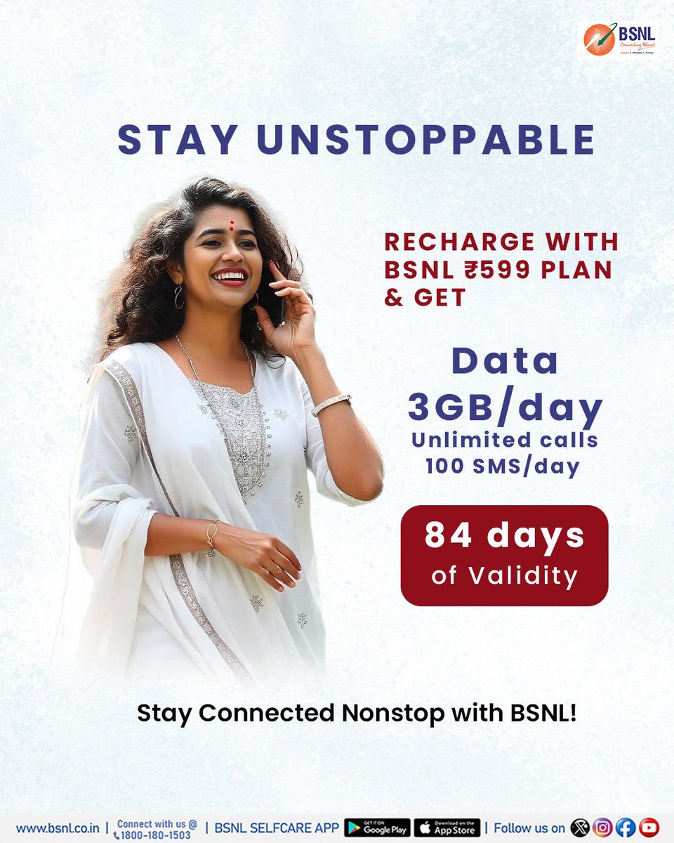 Experience 84 days of nonstop connectivity with BSNL 599! 

Get Unlimited Calls, 3GB/day high-speed data, and 100 SMS/day all with 84-day validity.

Stay connected, stream nonstop with BSNL ₹599 plan. 

Recharge now via bsnl.co.in/mobile/recharge

#BSNL #BSNLPlan #PrepaidPlan