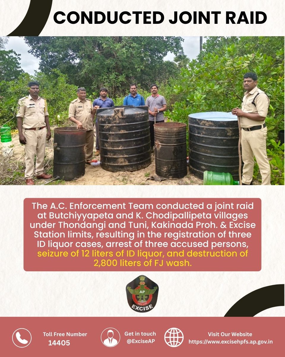 🚨 Excise Enforcement Update | Kakinada 🚨
The A.C. Enforcement Team conducted joint raids at Butchiyyapeta &amp; K. Chodipallipeta villages under Thondangi &amp; Tuni limits, resulting in:

✅ Seizure of 12L ID liquor
✅ Destruction of 2,800L FJ wash

#ExciseEnforcement #Kakinada