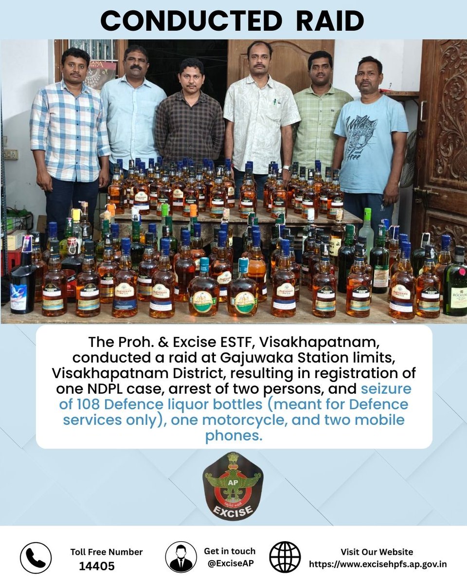 🚨 Excise Enforcement | Visakhapatnam 🚨
The Proh. &amp; Excise ESTF, Visakhapatnam raided Gajuwaka limits, leading to:

✅ Seizure of 108 Defence liquor bottles, 1 motorcycle &amp; 2 mobile phones

⚖️ Strict action continues against NDPL activities.
#ExciseEnforcement #Visakhapatnam