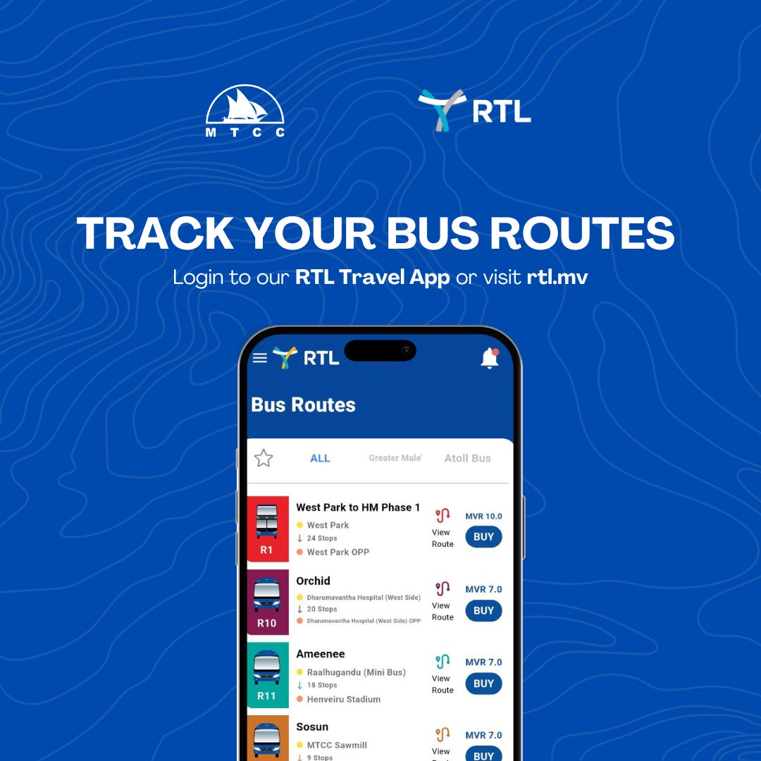 MTCCPlc's tweet photo. Wondering where your bus is? 🚌✨
Now you can easily track your bus route and stay updated in real-time with the help of RTL Travel App or RTL website (https://t.co/kOxg80VwOy). Travel smarter with RTL bus service. #RTLBus #ConnectingRaajje #RayyithungeKunfuni https://t.co/C9zIsnwgvt