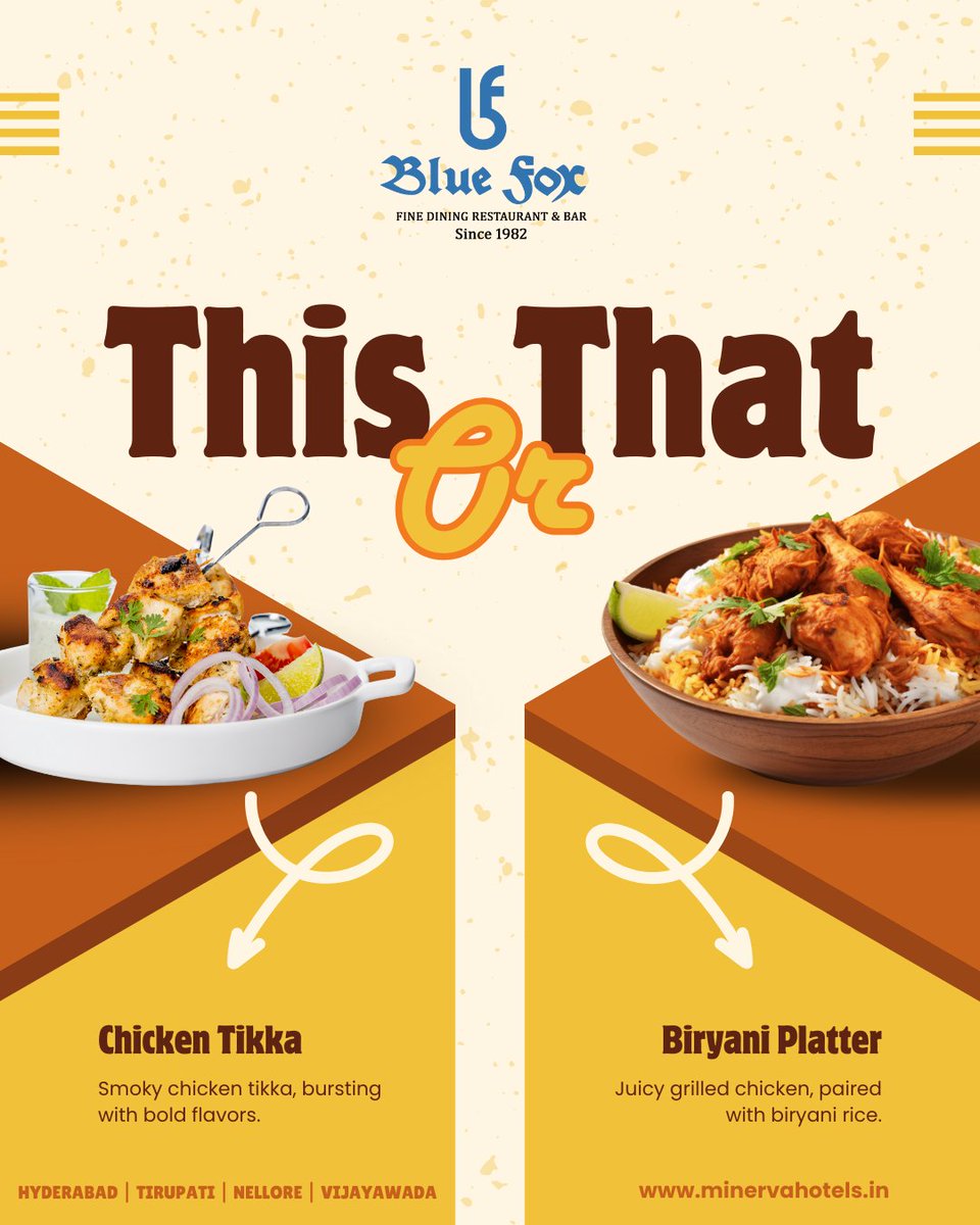 minerva_hotels's tweet photo. ✨ This or That? 🍴
At Blue Fox, the choice is yours – but it’s never easy! 😋
Tag your foodie partner and let the cravings begin 🤤👇
📍 Available at: Hyderabad | Tirupati | Nellore | Vijayawada
📲 Order now or dine in at https://t.co/6md2d1PQmV https://t.co/YqjxS8Jlwk