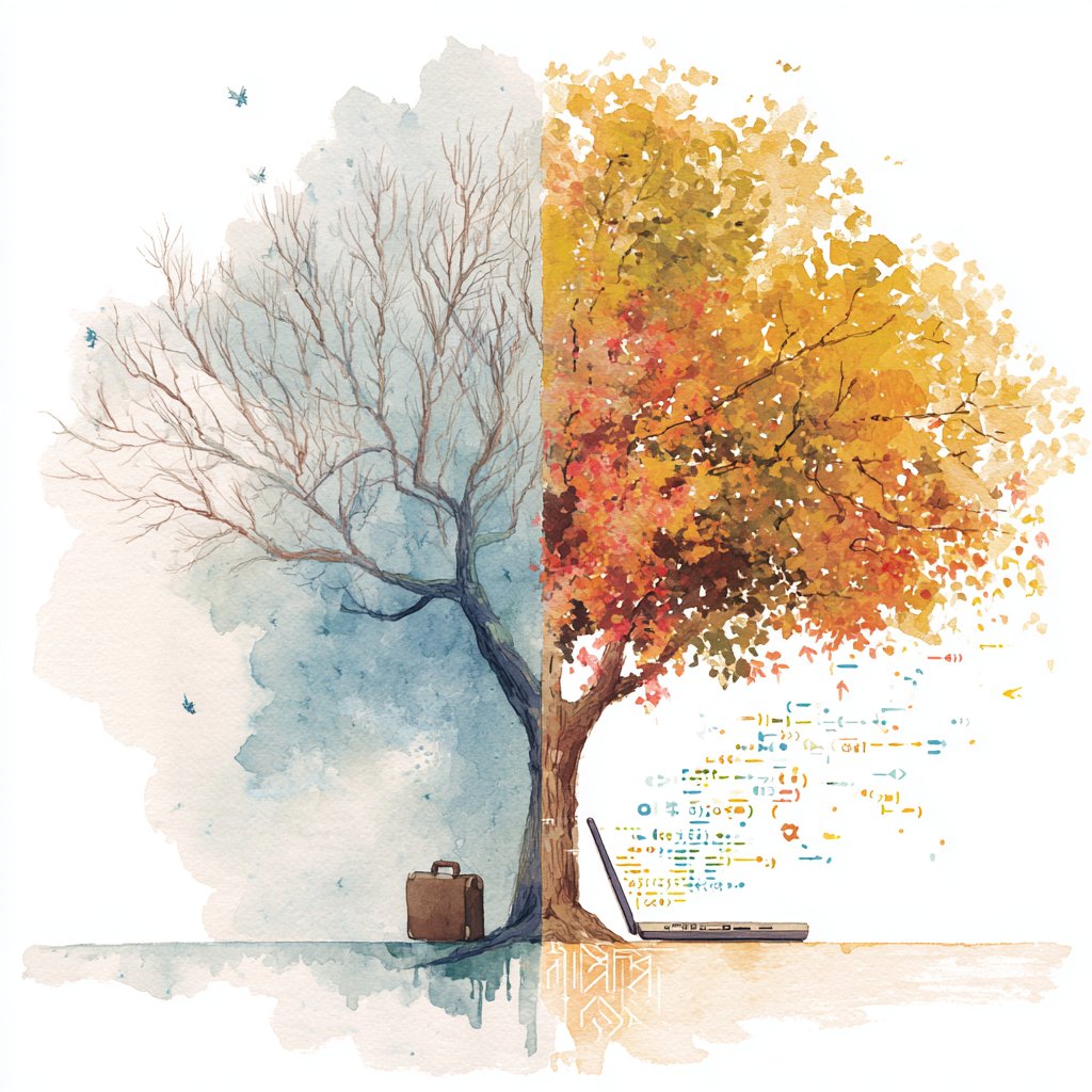 Still got leaves, or completely bare?

After 20 years in tech, I've learned we're all trying to be like one of two trees.

The one with colored leaves - ready to fall, but still there.

Not the bare one - naked, essence gone.
That bare tree? That's a technologist who stopped