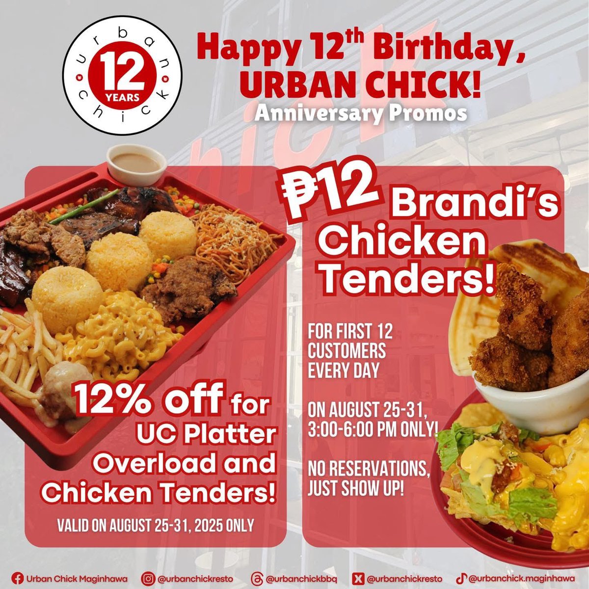 UrbanChickResto's tweet photo. HAPPY 12TH BIRTHDAY, URBAN CHICK! 🐔

Anniv promos from August 25–31:

🔥 ₱12 Brandi’s Chicken Tenders — for the FIRST 12 customers daily, 3PM–6PM!

🍗 12% OFF on UC Platter Overload &amp; Chicken Tenders all week!

No reservations, just SHOW UP! 🫶

#UrbanChick #Maginhawa #UC12 https://t.co/KiR51IJLT4