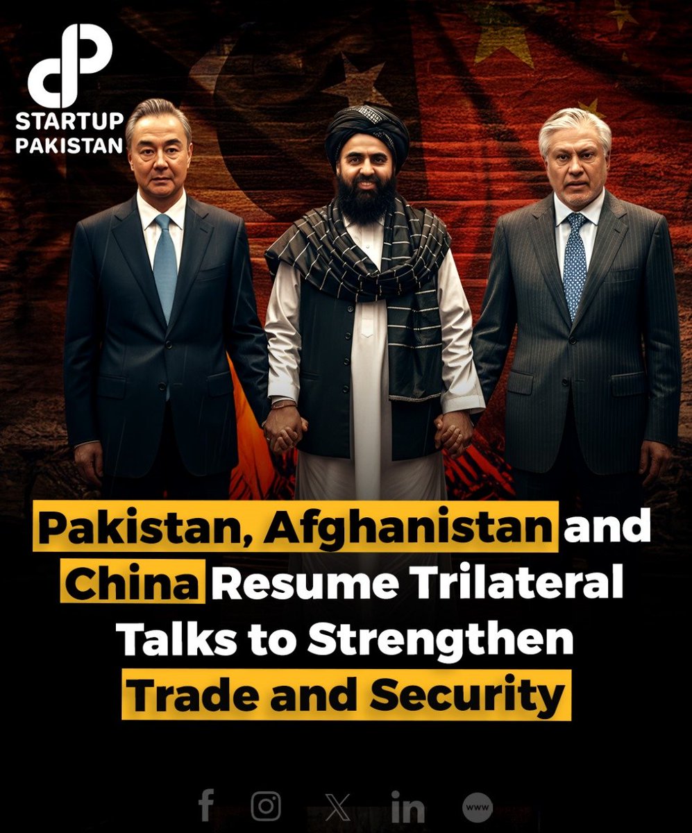 PakStartup's tweet photo. Pakistan, China and Afghanistan have agreed to expand the China–Pakistan Economic Corridor (CPEC) into Afghanistan, aiming to boost trade, development and connectivity across the region. 

#CPEC #RegionalCooperation #PakistanChinaAfghanistan #TradeAndConnectivity https://t.co/LD0yqJvSOh